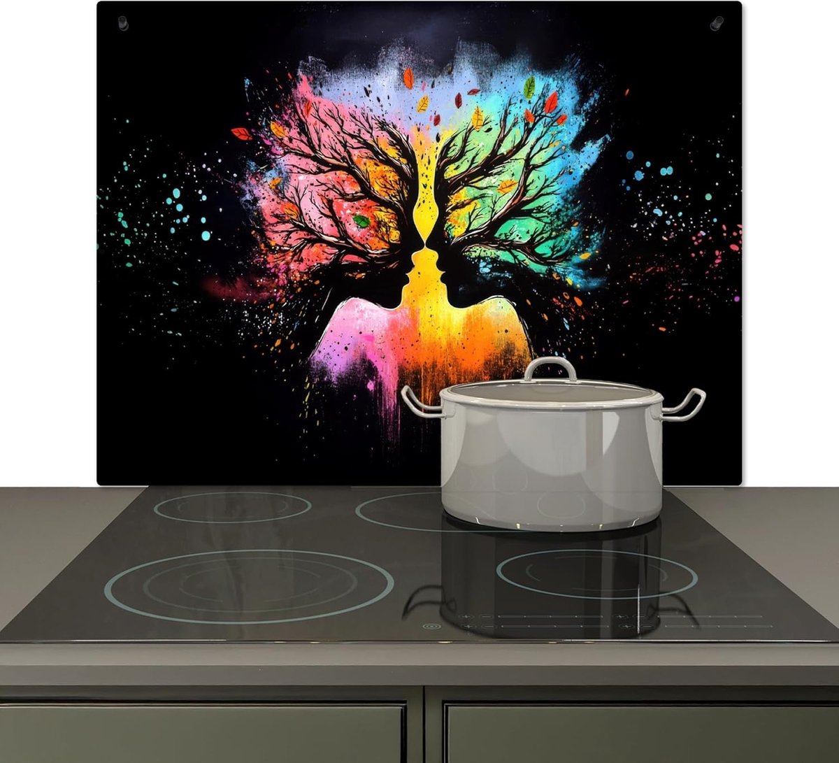 Spatscherm Keuken 51.5x76 cm Kookplaat Achterwand Beschermer Muur Spatwand Fornuis Aluminium Hittebestendig - Gezichten - Silhouetten - Kleurrijk - Takken