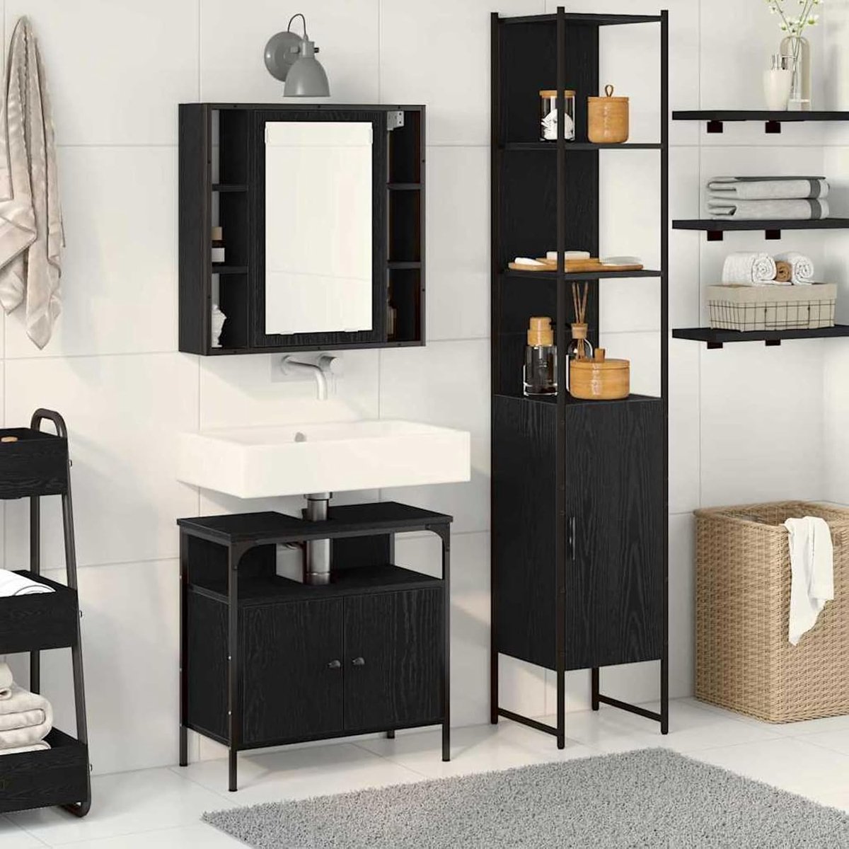 Spiegelkast + wastafelonderkast + hoge kast zwart eiken look houtmateriaal 3-delig voor kleine en grote badkamers