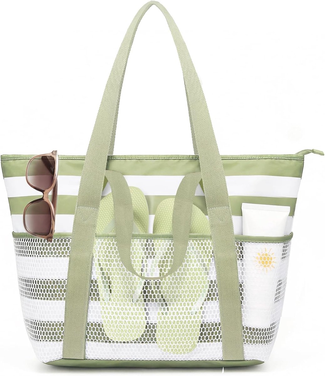 Beifon Strandtas XXL familie met ritssluiting, strandtas voor dames, groot, waterdicht, opvouwbaar, mesh, badtas, strandtas, shopper, zomertas voor strand, reizen, vakantie, zwembad, groen