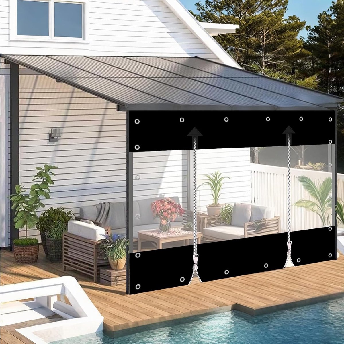 zeil, 650 g/m², pvc-zeil, outdoorgordijn met ritssluiting, waterdicht afdekzeil, windbescherming en regenbescherming voor paviljoen, balkons, terrassen (zwart, hoogte 2,4 m x breedte 4,5 m