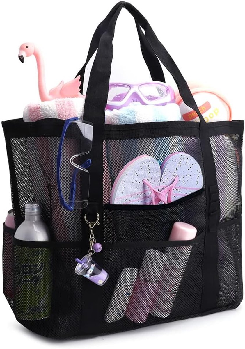 Strandtas van zwart netstof, reistas, opvouwbaar, grote capaciteit, handtas, boodschappentas, speelgoedtas voor strandvakantie, reizen, winkelen