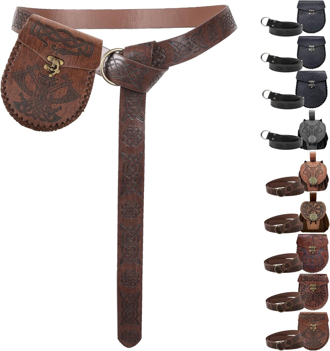 Tas met reliëf, middeleeuwse riem en middeleeuwse riemtas, Vikingriem geschikt voor Viking, piraten, tovenaars, ridders, renaissance-kostuum, Bruine bijl, Eén maat