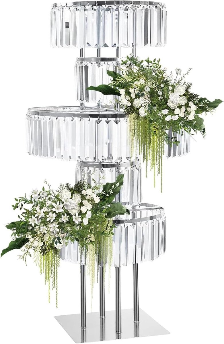 5 niveaus, kristallen bruiloft, bloemenzuil, vazen, 110 cm hoog, bloemenstandaard, decoratieve zuil, metalen standaard, bloemenstandaard voor bruiloft, verloving, verjaardag, tafeldecoratie, zilver