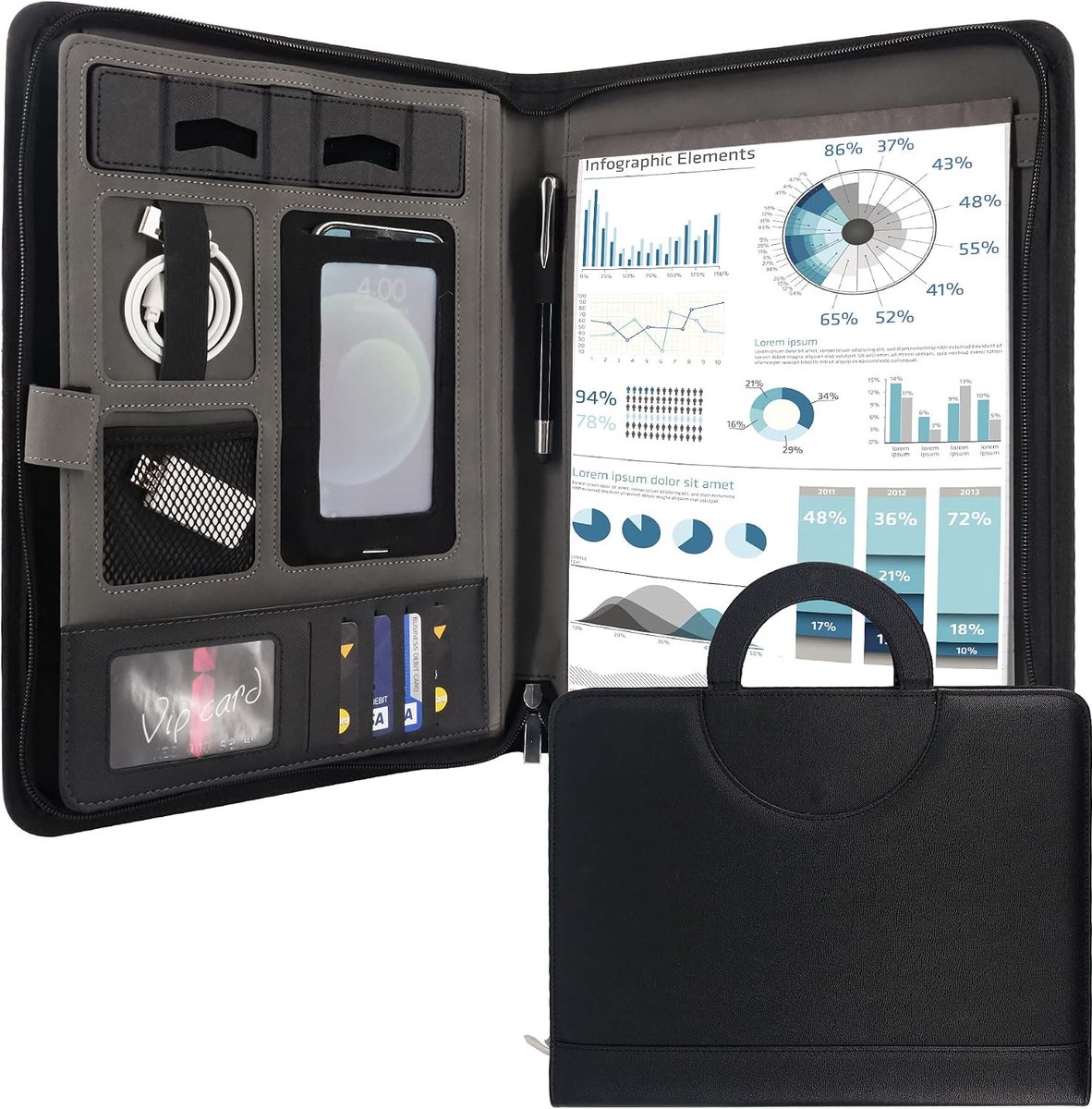 Klembord voor Conferentiemap met Ritssluiting A4-map met Magnetisch Handvat Opberger Business Padfolio Organizer Notepad Folder Zwart