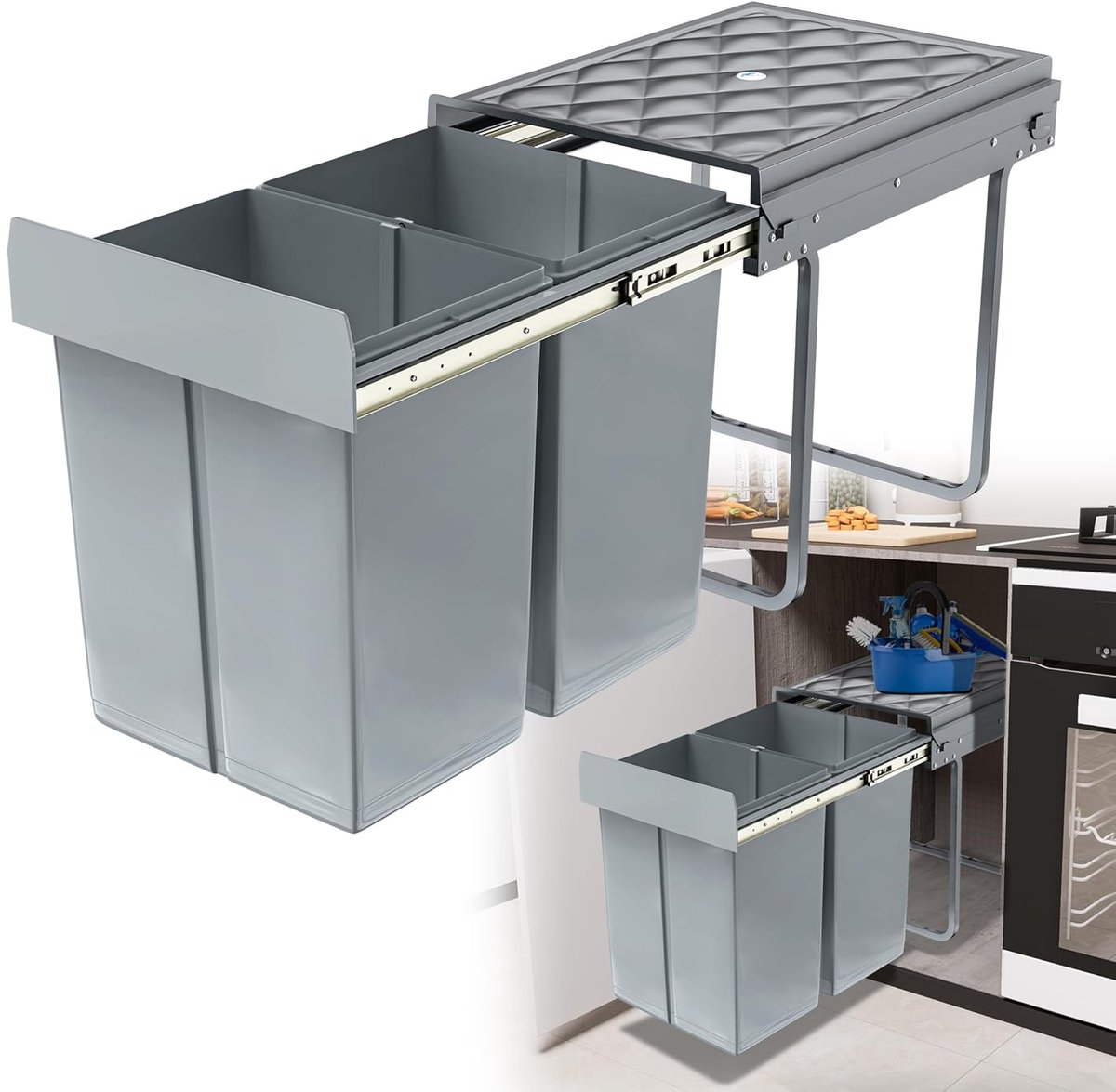 Inbouwvuilnisemmer onderkast inbouwvuilnisemmer keuken, 2x20L | Afvalemmer, uittrekbaar, afvalscheidingssysteem met telescopische rails, grijs