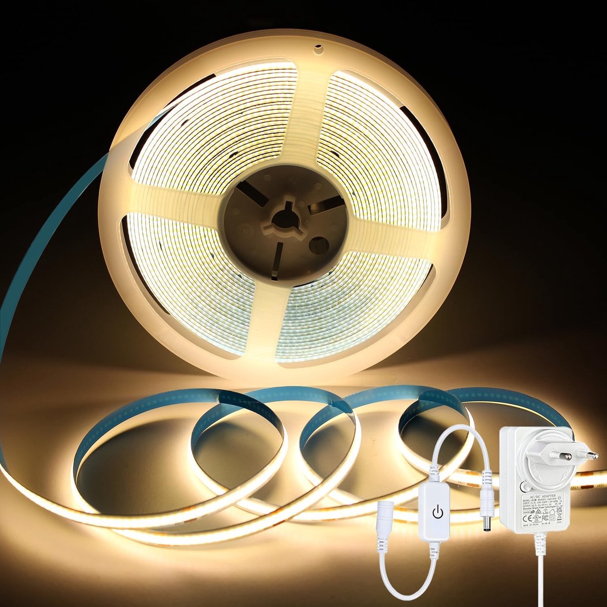 24V COB Led Strip, Warm Wit LED Strip Licht Dimbare 10M met Voedingstekker, CRI93+ Snijbaar Flexibel Helde Ledstrip voor TV-achtergrondverlichting, Keuken, Slaapkamer, Interieur Decoratie