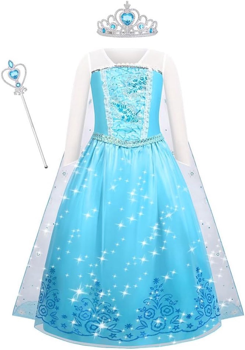 Elsa kostuum, Elsa prinsessenjurk met toverstokje en kroontiara, Elsa kostuum voor meisjes, luxe glanzende sneeuwkoningin kostuum voor verjaardag, Halloween, cosplay, feest, bruidsmeisje
