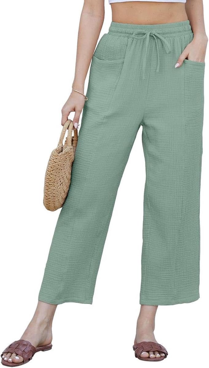 Damesbroek voor de zomer, capribroek van katoenlinnen met trekkoord, 3/4, brede broek met zakken, effen, casual, elastisch, elegant, strandbroek