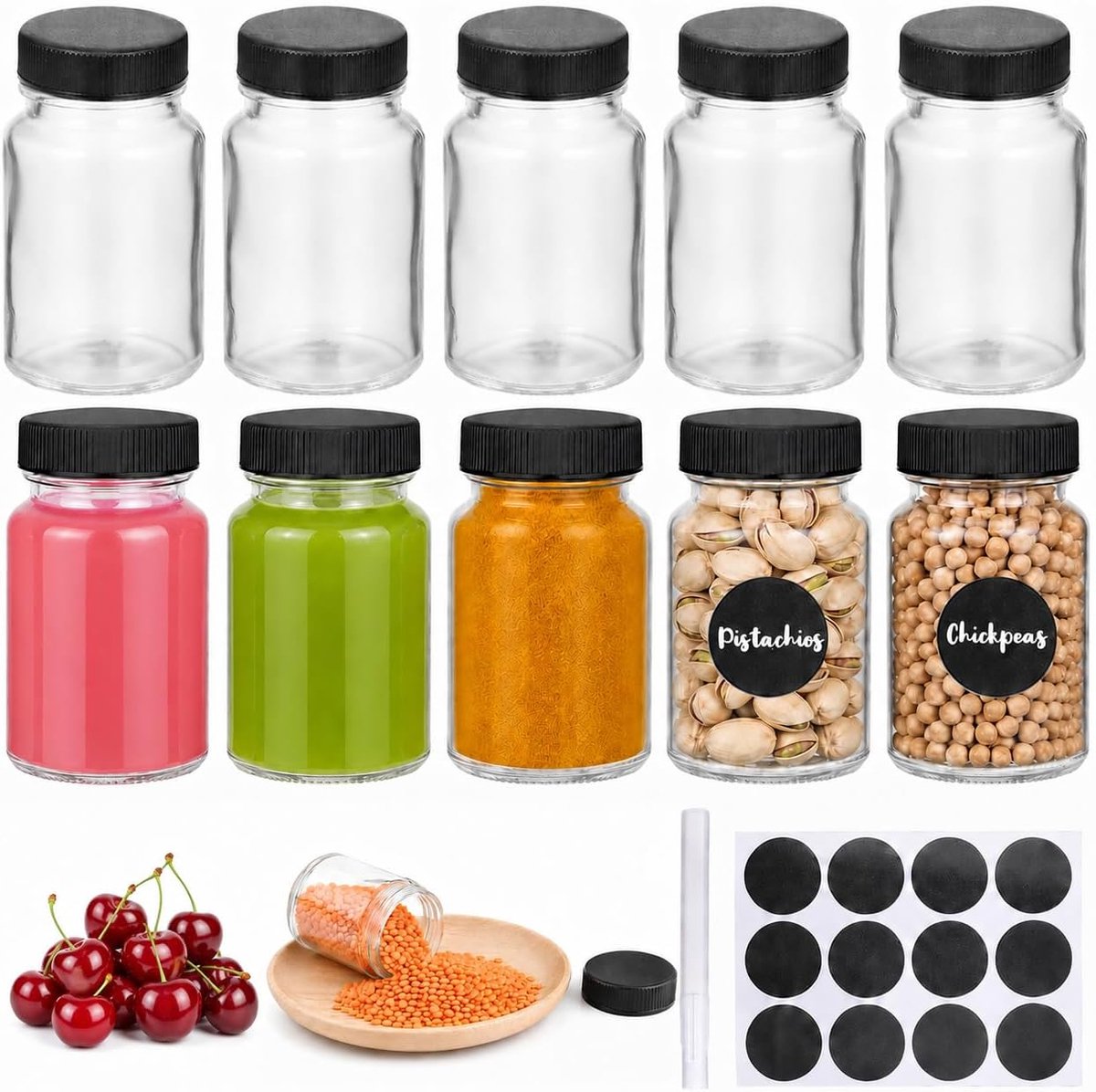 10 stuks shot flessen om te vullen, 60 ml kleine glazen flessen met pennen en etiketten, herbruikbare kleine glazen flessen om te vullen, gembershotflessen met deksel, voor sap, saus, borrels, gember