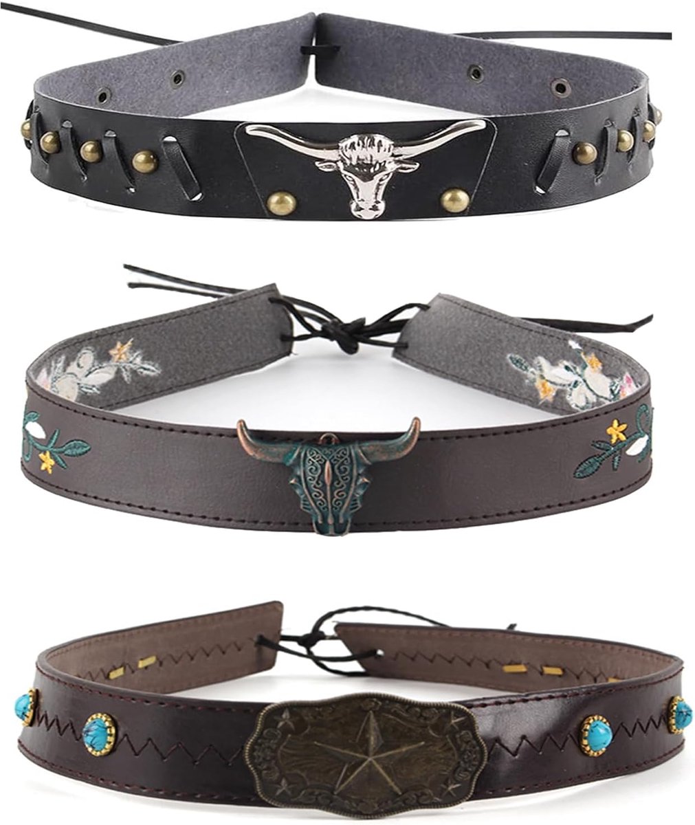 3-delige cowboyhoed, westernkralen, hoedenband, hoofdbanden, verstelbaar koord, voor de decoratie van hoofddeksels, geschikt voor de meeste hoofddeksels, kledingaccessoires, Zwart, bruin., M