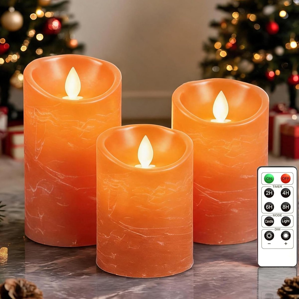 set van 3 led-kaarsen van echte was, zonder vlameffect, flikkerende theelichtjes, voor decoratie, bruiloft, Kerstmis, met afstandsbediening en timerfunctie, oranje