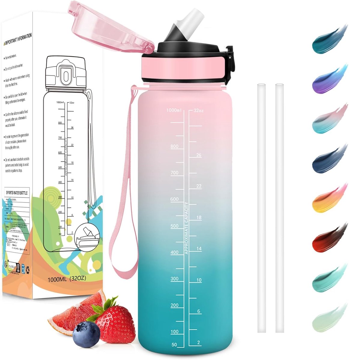 Drinkfles, 1000 ml, Lekvrij, Drinkfles met Rietje, Recyclebaar, Sportfles, BPA-Vrij, Motiverende Drinkfles met Tijdmarkering voor Sportschool, Kantoor, Hardlopen, Fietsen, Roze Cyaan