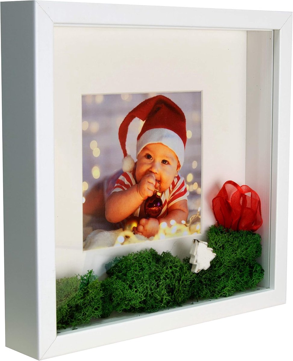 Box 3D objectlijst 23 x 23 cm (25 x 25), fotolijst met passe-partout 13 x 13 cm, vierkant, wit, om te vullen, dieper voor objecten, souvenirs 3 cm, voor wanddecoratie of desktop