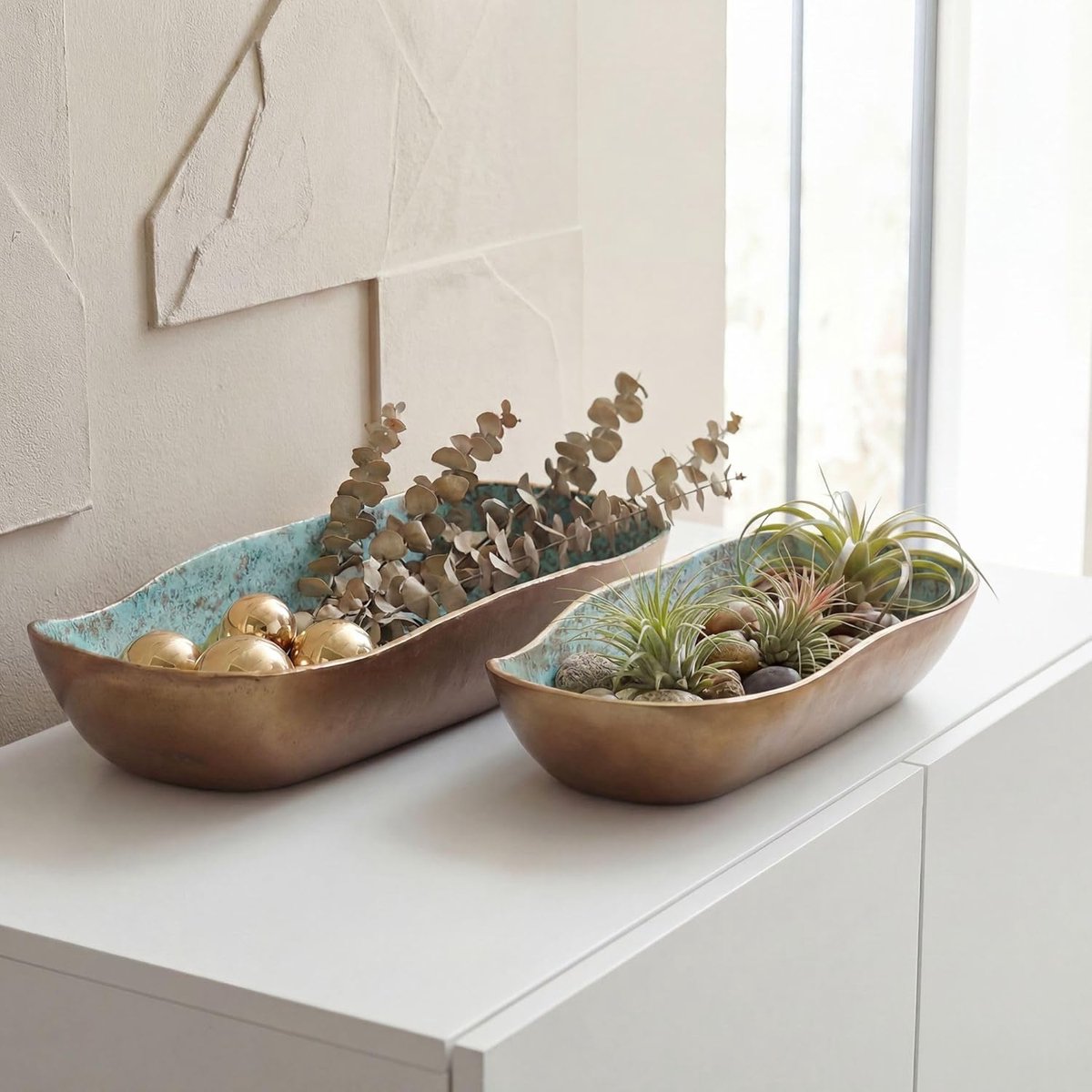 Decoratieve Schaal Set van 2 Aluminium Goud Patina, Ovaal | schalen in bootvorm voedselveilig, fruitschaal en tafeldecoratie, handgemaakte unieke exemplaren
