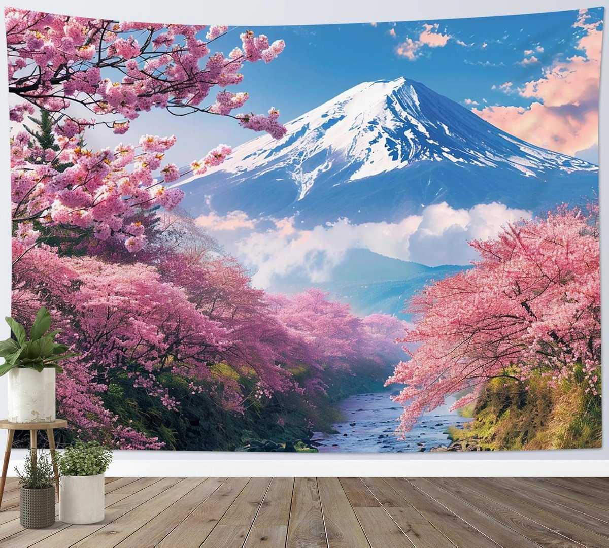 Wandtapijt Roze Bloemen Kersenbloesem Boom Japanse Berg Natuur Landschap Tapijten Woondecoratie voor Woonkamer Slaapkamer Room Decor,200x150cm