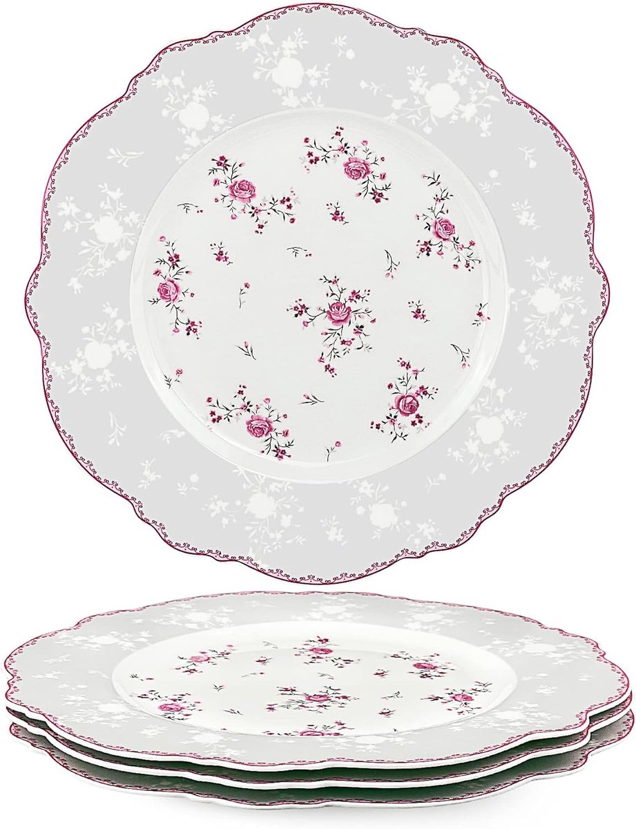Dinerborden Set van 4, Roze Roos Bloemen Dinerset, Koninklijke Vintage Servies Voor Kerstfeest, Bruiloft