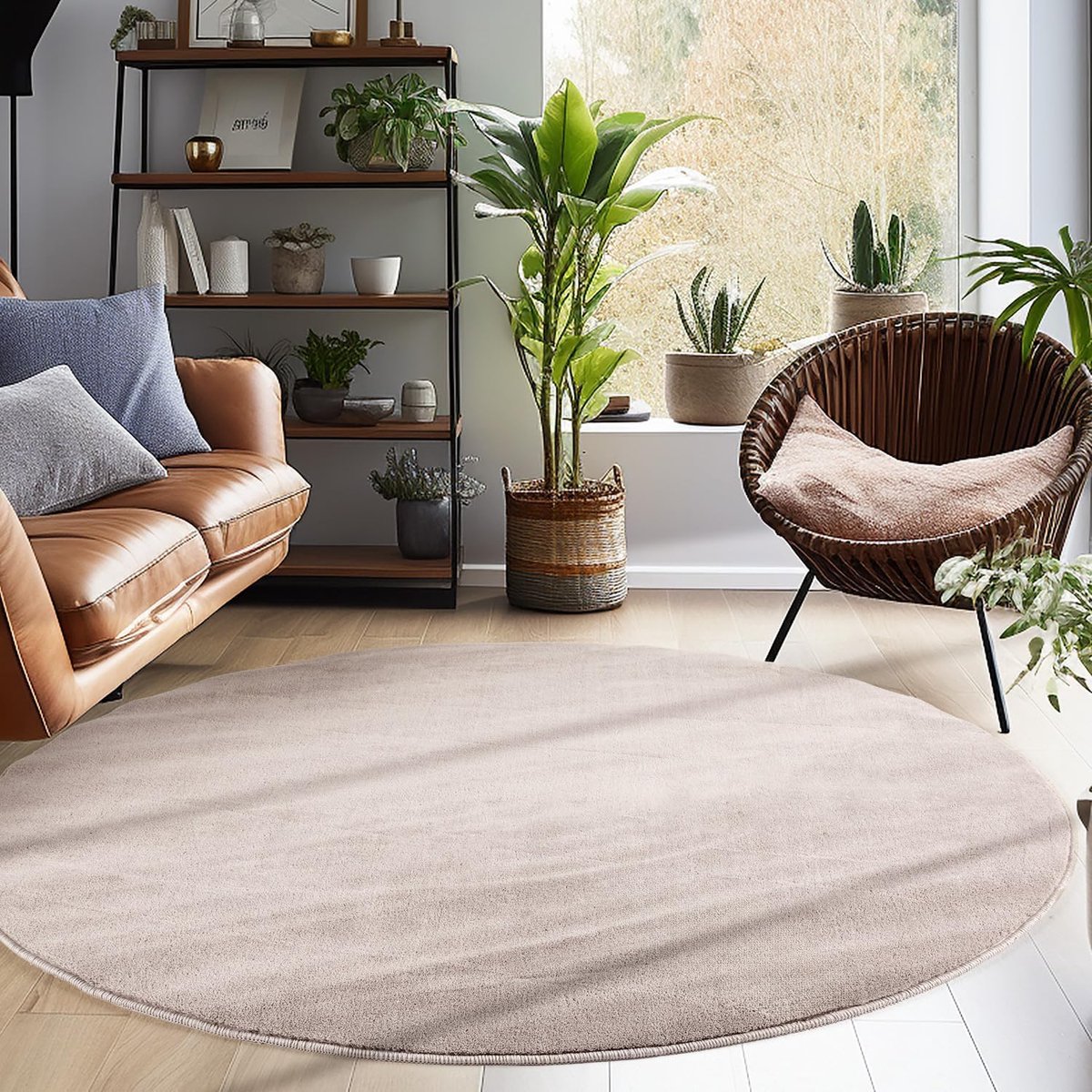 Tapijt in effen kleur, met onderkant, wasbaar en zacht, Kleur: Beige, Maat: 160 cm Rotondo