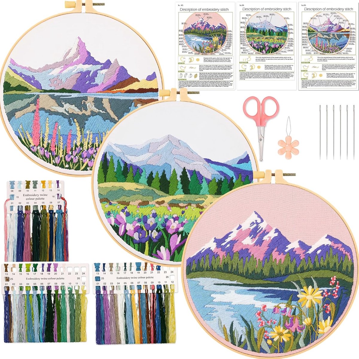 3 sets startset voor landschapsborduurwerk voor beginners en volwassenen, kruissteekkit met gestempelde doek, volledig assortiment handgemaakte naaldpuntenset met borduurring, naalden en draden