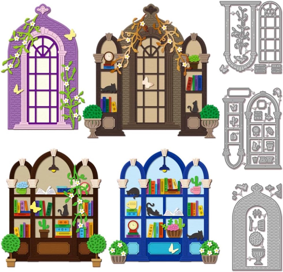 Bibliotheek Venster Frame Snijmallen Voor Diy Scrapbooking Metalen Boeken Bloemen Cut Dies Kat Die Cuts Voor Kaarten Maken Embossing Fotoalbum Craft Decor
