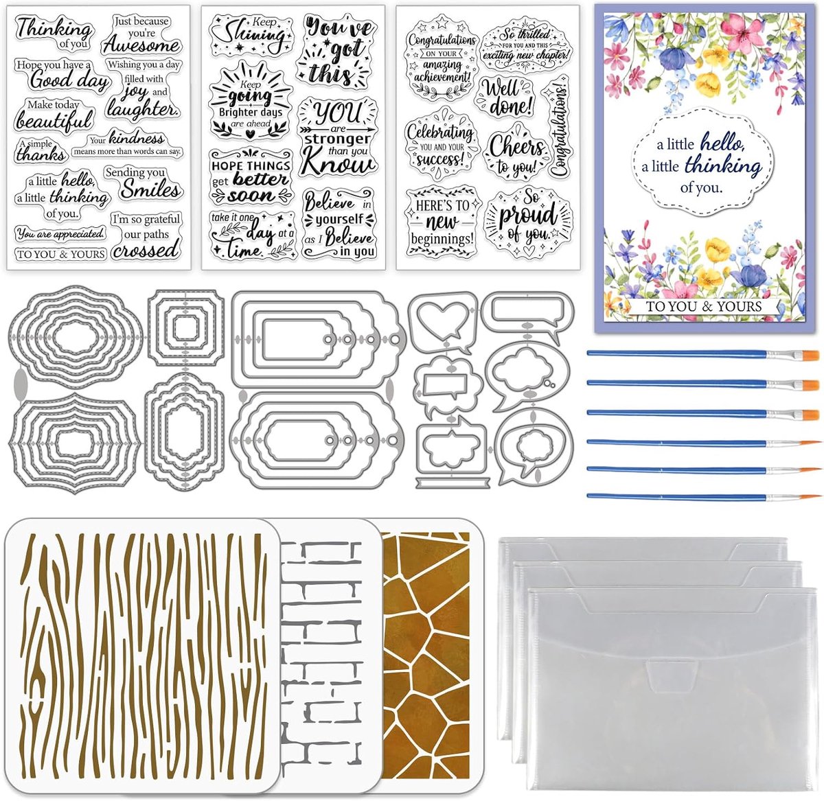 3 sets met woorden van zegen: heldere stempels, metalen uitsnijdingen en sjablonen om te schilderen voor kaarten, met metalen labels en sjabloon van PET-hout voor DIY creatieve kunst
