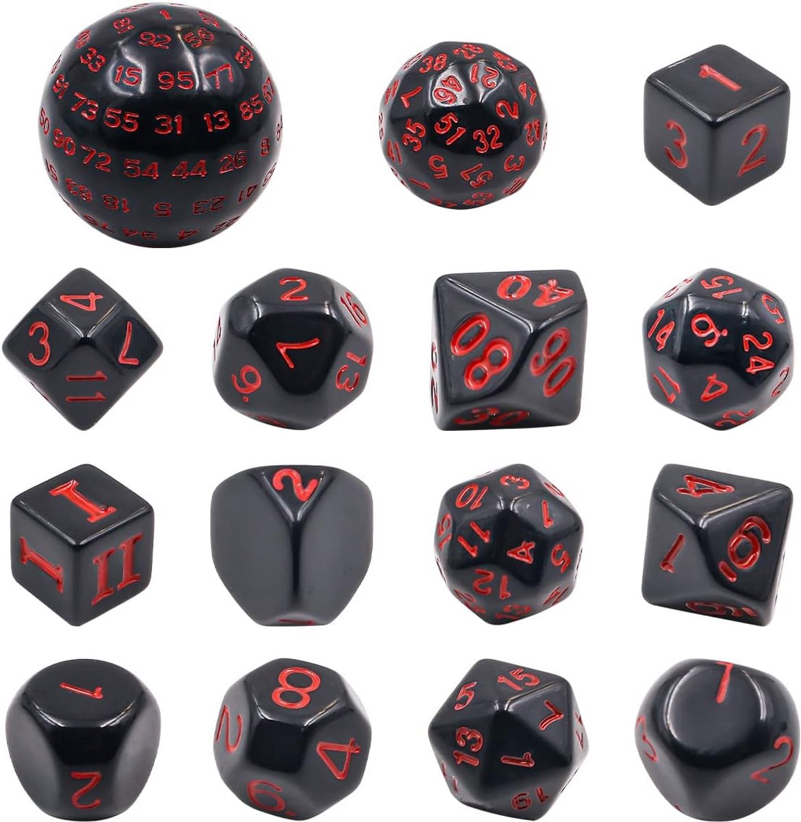 15-delige complete veelvlakkige dobbelstenenset D3-D100 dobbelstenenset voor rollenspellen, zwart en rood
