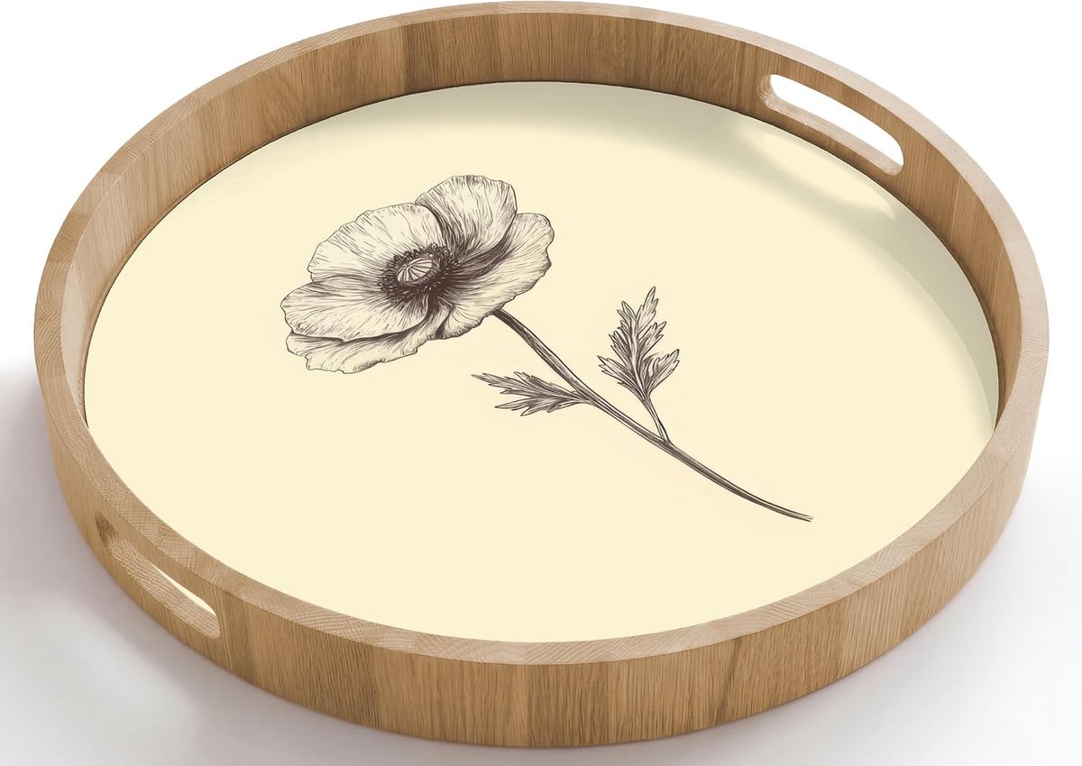 Dienblad Rond 50x50 cm Serveerblad Met Handgrepen Krasbestendig Hittebestendig Eikenhout Wooden Serving Tray Koffie Thee Klaproos - Illustratie - Zwart