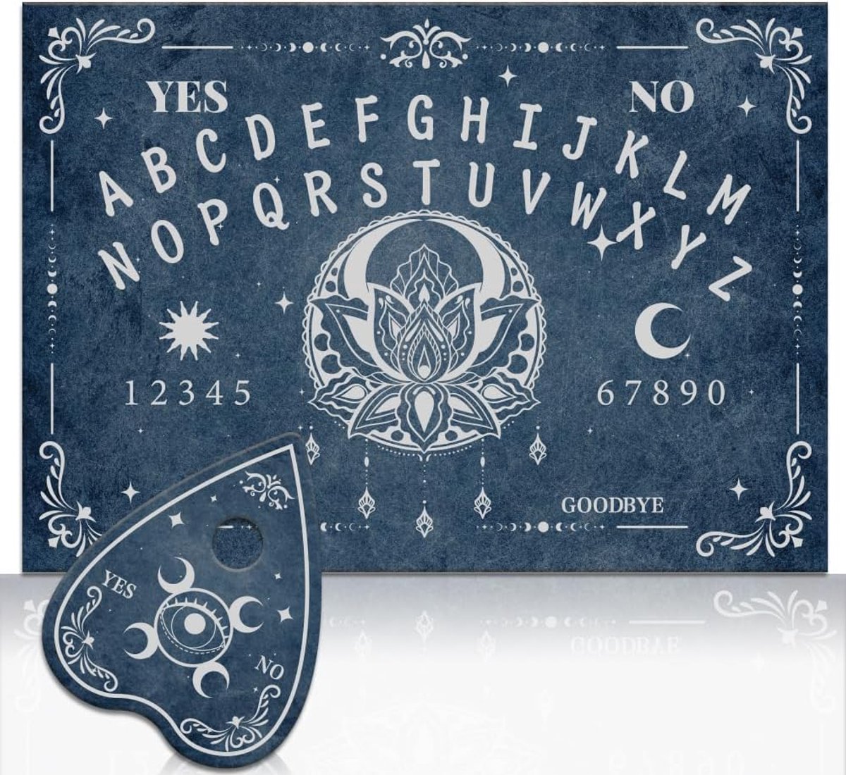 Slinger wichelroedelroedelspordset, lotus, zon en maan, houten spiritbord, blauwe houten spreekplanken met planchette voor familiefeest, metafysische boodschap, decoratie, cadeau, 30 x 21 cm