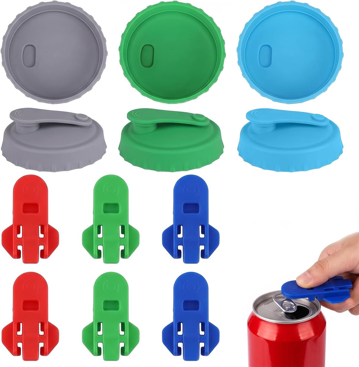 Blikstoppers set met 12 stuks, 6 deksels voor open drankblikjes en 6 handmatige blikopeners, herbruikbare deksels voor bier, dranken, feest- en campingaccessoires