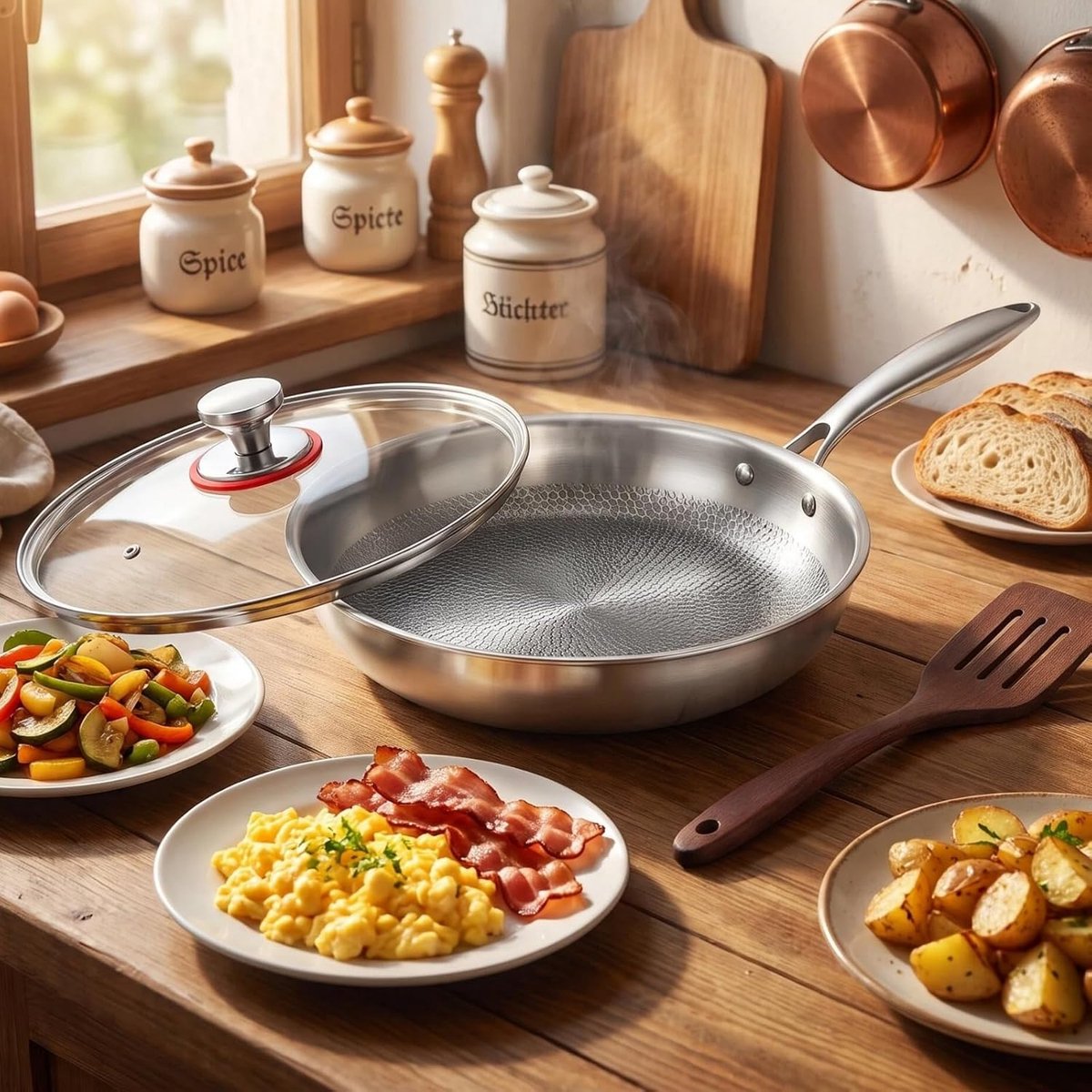 Pan 26 cm, titanium pan met deksel voor antiaanbaklaag, titanium pan anti-aanbaklaag titanium spatel set, krasbestendig, met alle soorten fornuizen om te koken