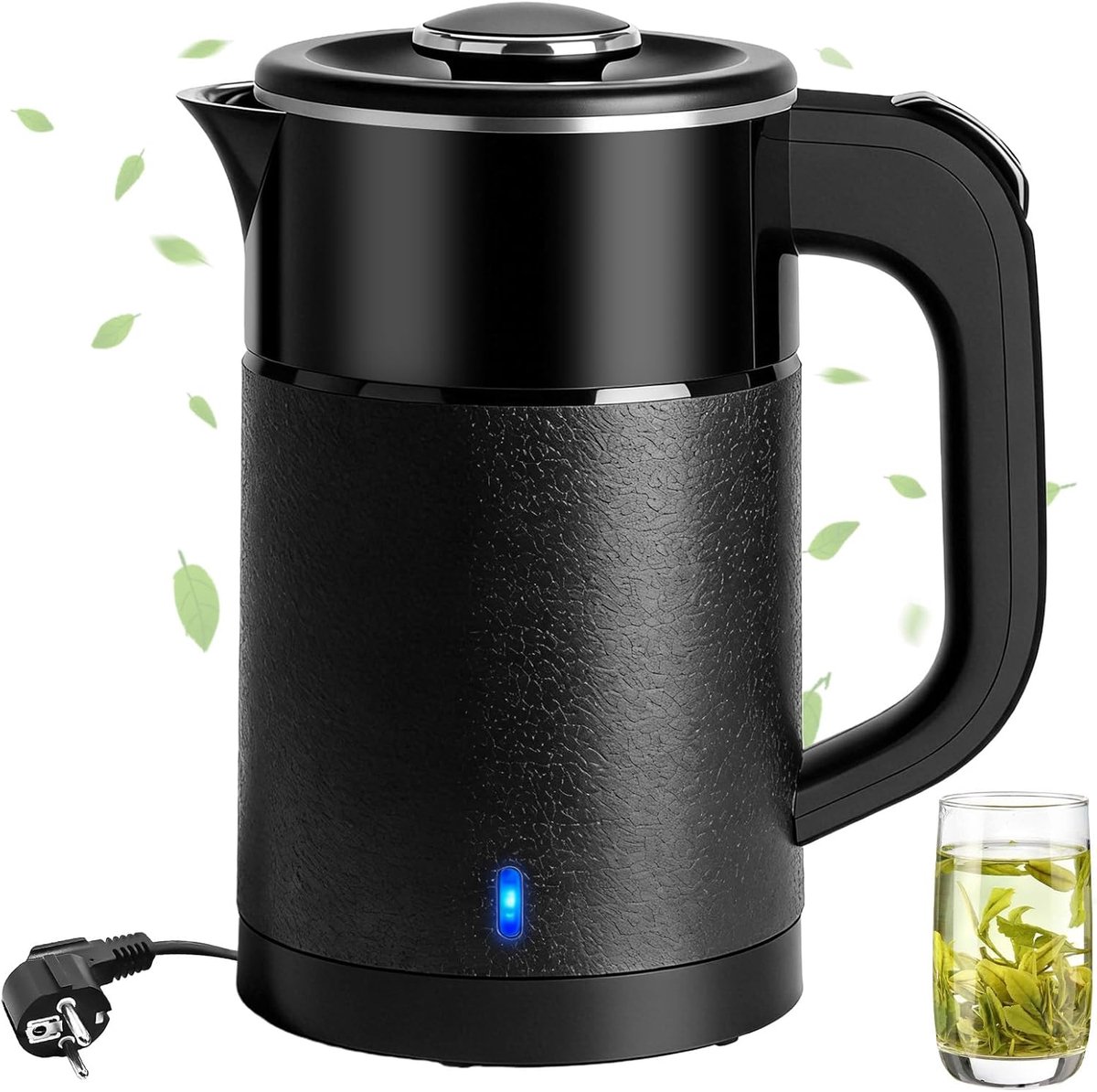Klein, 600 W, reiswaterkoker, 6 minuten snel koken, reizen, elektrische waterkoker, draagbare mini-campingwaterkoker, theepot roestvrij staal voor thee, koffie (zwart)