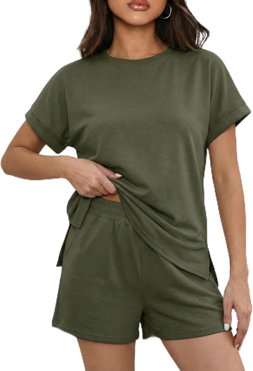 Sets voor dames, 2-delige outfit, elegante losse pasvorm, zomerset met zakken en gesplitste zoom