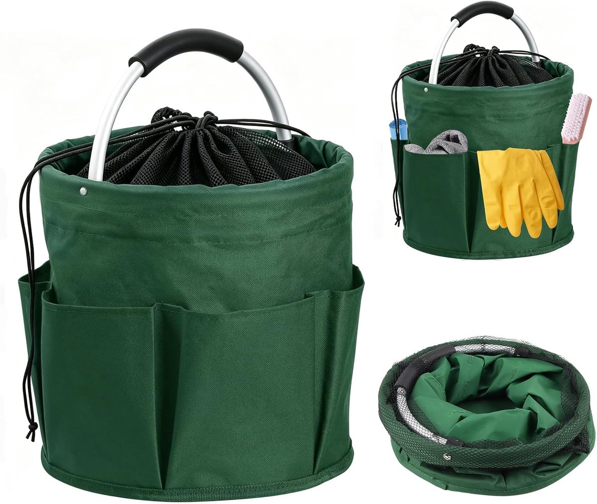 Schoonmaakmiddelen-organizer, reinigingsmand met handvat, tuintas met 6 vakken, opvouwbaar, waterdicht, 17 l, schoonmaakcaddy voor binnen, tuin, badkamer (groen)