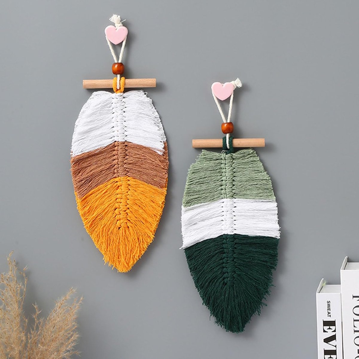 2 stuks blad macramé muur opknoping, 26 x 13 cm muur opknoping decor, chique wandkleden, hangende muur decor kunst voor thuis slaapkamer woonkamer kantoor appartement ornament