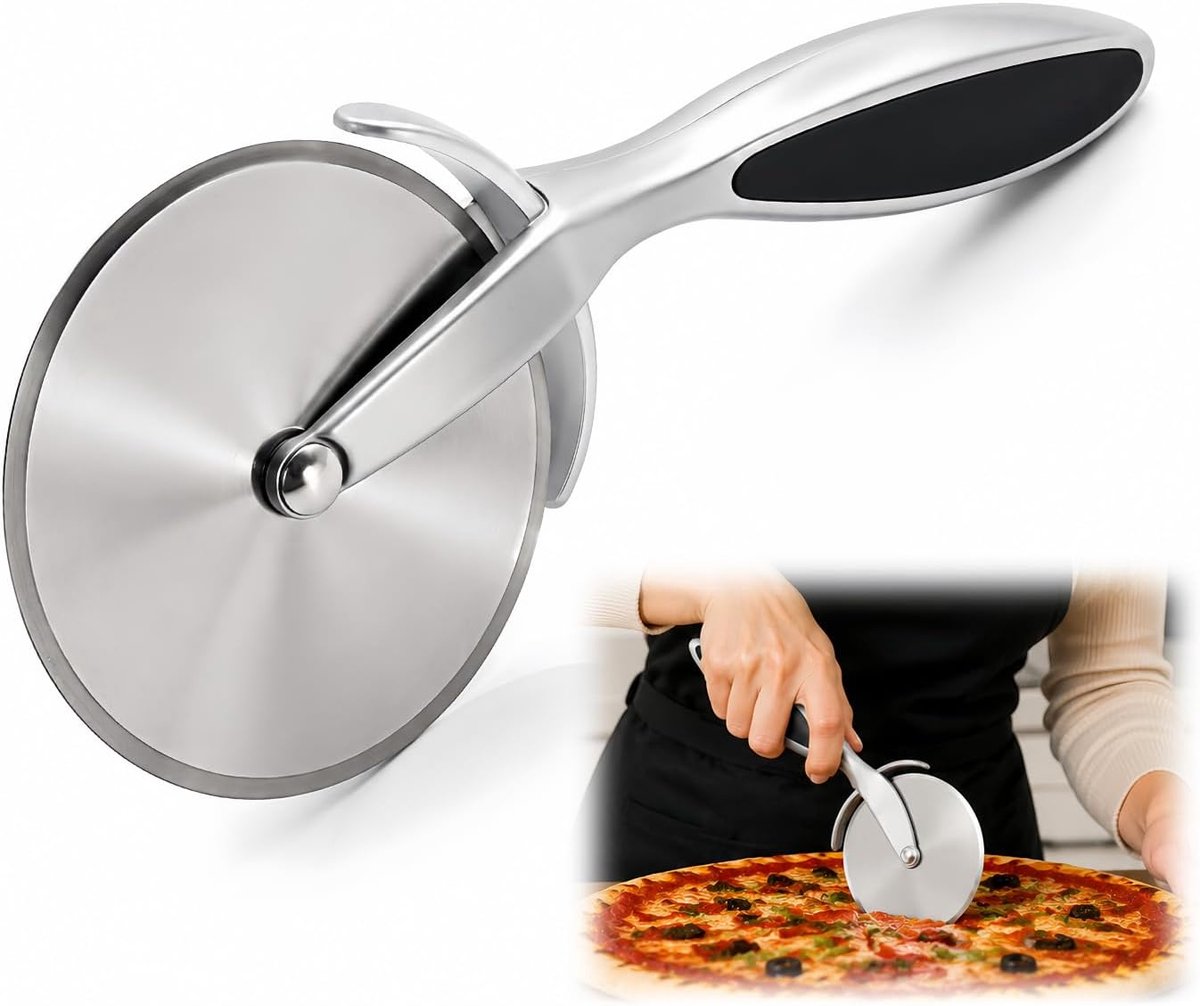 Pizzasnijder van roestvrij staal met antislip handgreep | Roestbestendig lemmet, vaatwasmachinebestendig, lemmetbescherming inbegrepen, professioneel gebruik, nauwkeurig snijden