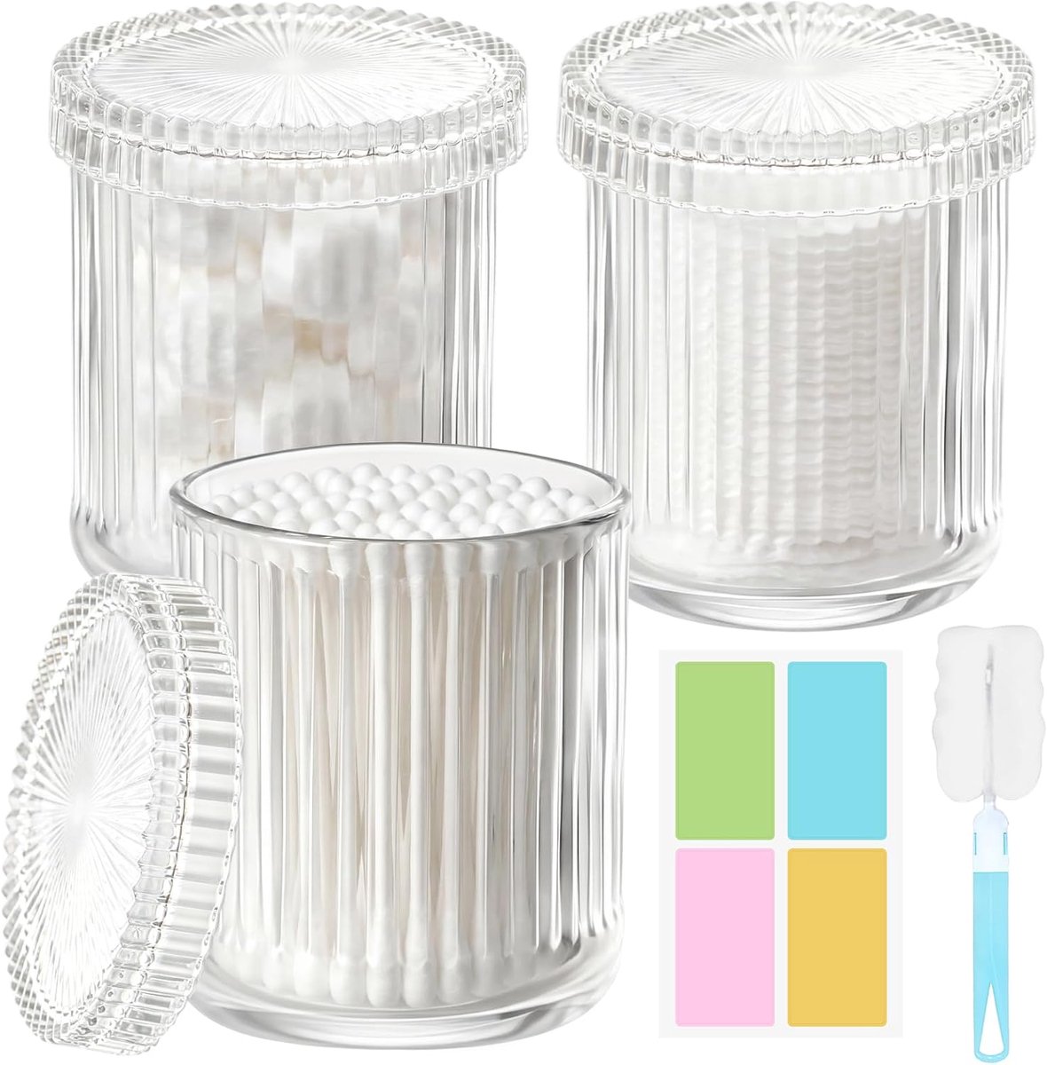3 stuks 290 ml glazen wattenstaafjeshouder, transparante wattenstaafjesdispenser met deksel, geribbelde wattenstaafjesdispenser, wattenstaafjeshouder voor wattenballen, tandzijde