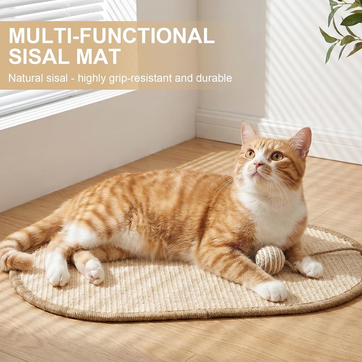 Sisal kattenkrabber, zelfklevende kattenmuurkrabber, kattenkrabmat met sisal-bal, speelgoed voor muur, bank, tapijt, deurpaneel, 33 x 55 cm, beige