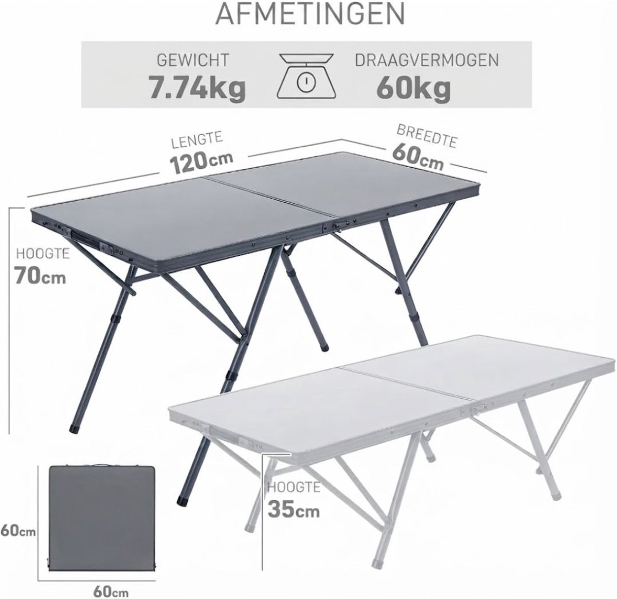 VALI® Campingtafel - Eettafel voor De Barbecue In De Tuin - Opvouwbare Campingtafel - Grijs - 120cm x 60cm x 70cm