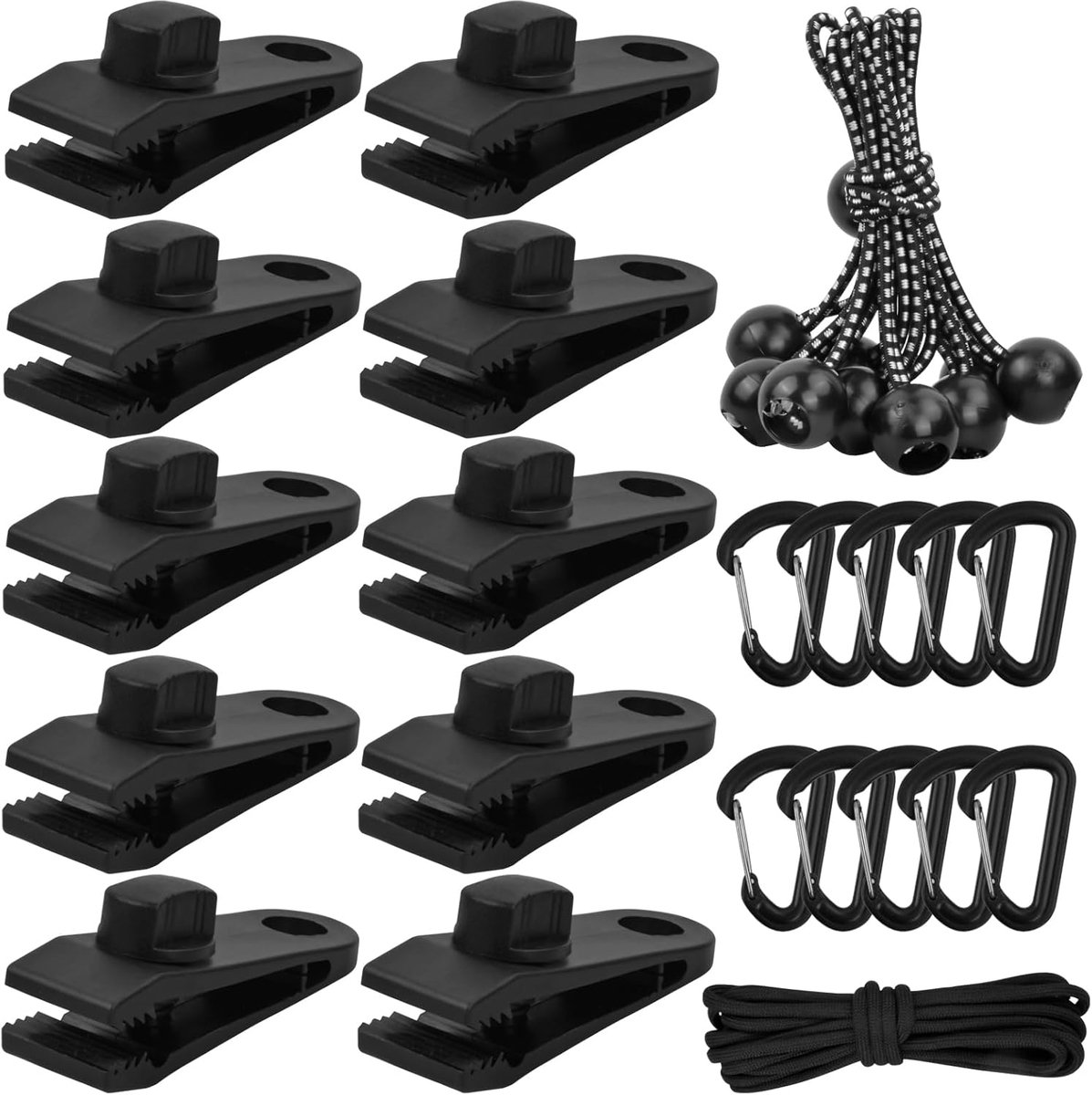 Clips voor bevestigingsplanen, tenthaken, spankabels en karabijnhaken, klemmen voor campingtenten, met touwen voor camping en outdooractiviteiten