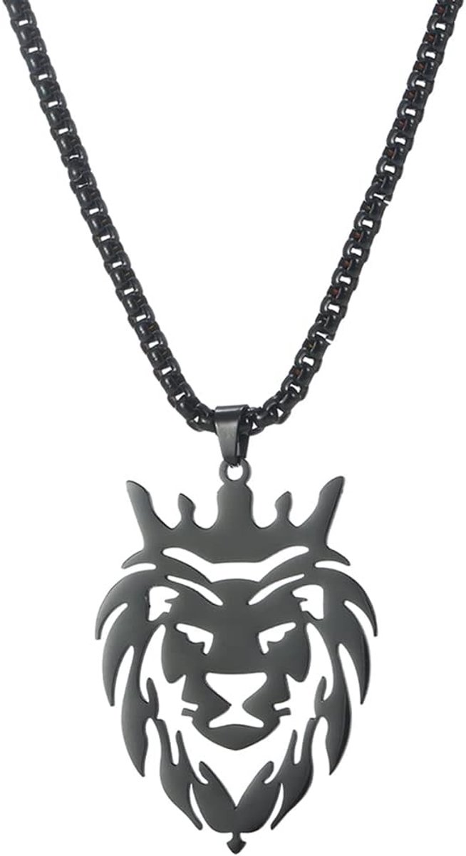 Leeuw Ketting Voor Mannen Rvs Hollow Stijl Leeuw Hoofd Overzicht Hanger Ketting Mode Charm Afrika Leeuwen Hoofd Hanger Doos Ketting Ketting Klassieke Dier Sieraden, 30*40.9 mm, Roestvrij staal