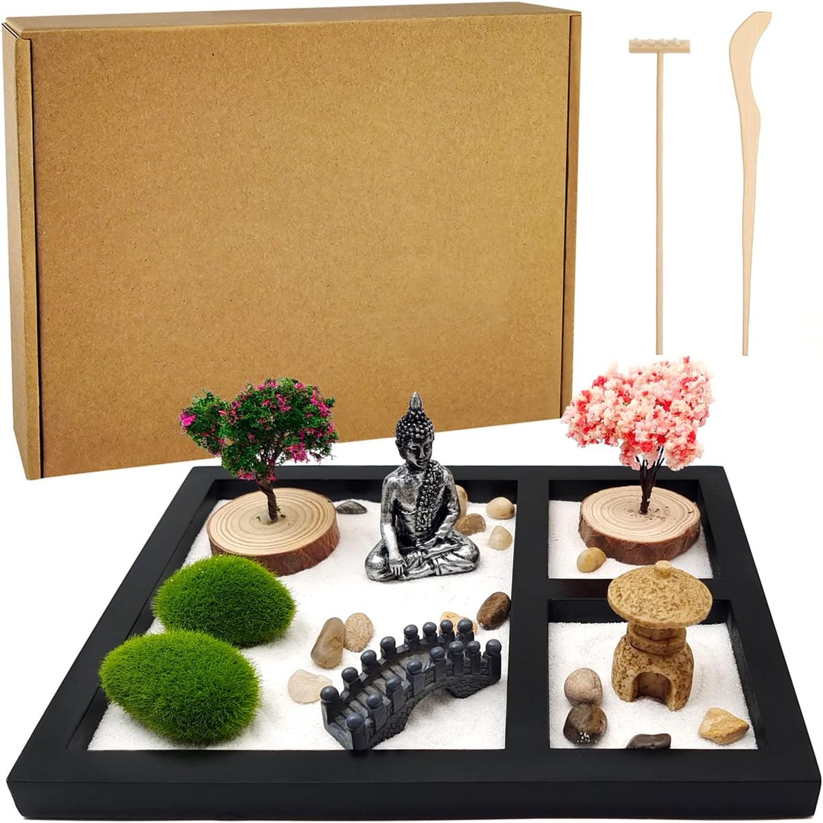 Zen Meditatie Tuinbox met hark, Zen Boeddha, en Zen Garden decoraat voor thuisontspanning