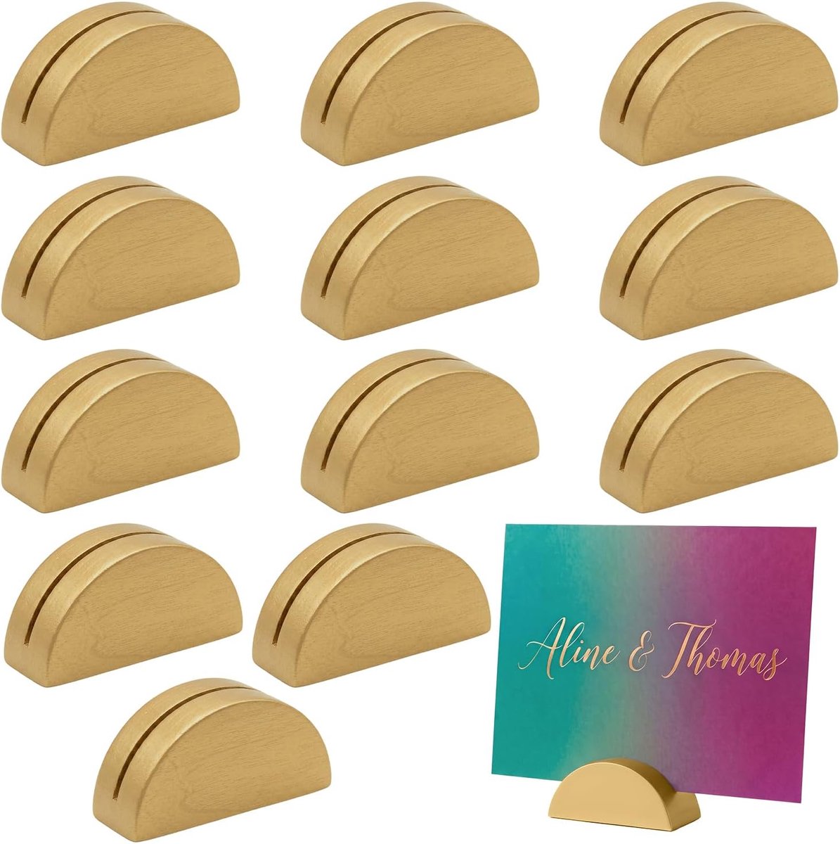 12 stuks tafelnummerhouders, halfronde houten standaards | kaarthouders voor foto's, bruiloft, feest, restaurant, goud