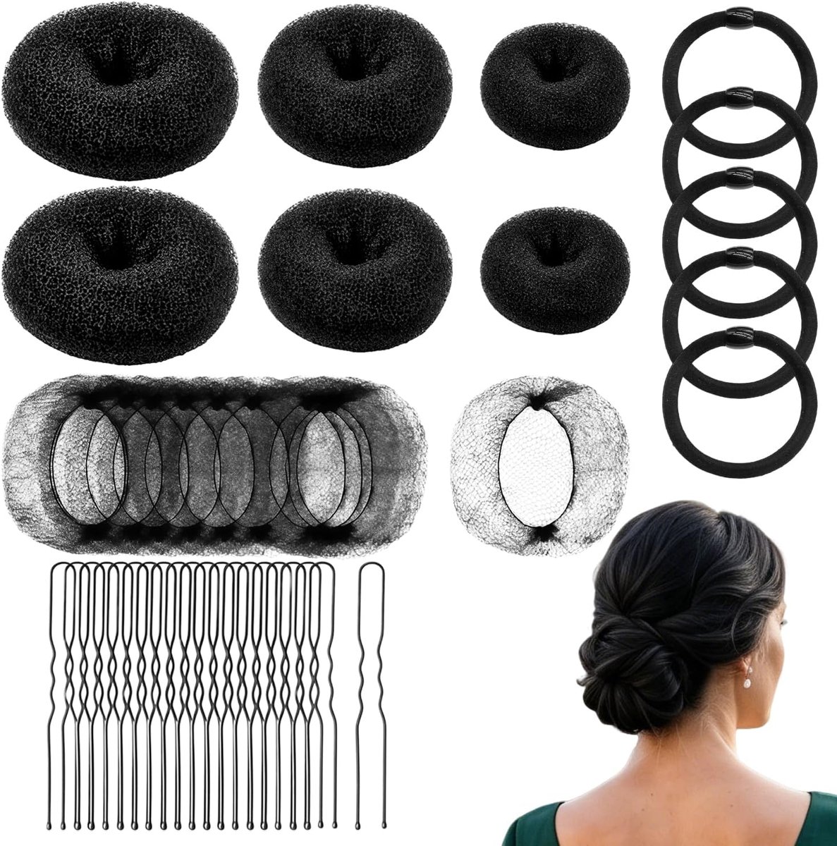 71-delig knottenmaker set haar, 6 haar donuts 3 maten, 20 haarnetjes, 40 haarspelden, 5 banden, Zwart