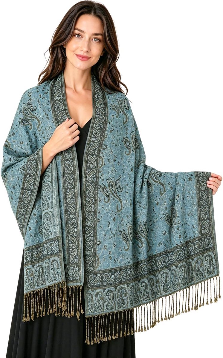 Sjaal voor Dames, Zachte Zijdeachtige Omkeerbare Paisley Sjaal, Grote Lichtgewicht Omslagdoek voor Avondjurk, Bruiloft en Reizen, Blauw