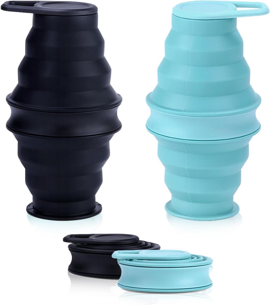 2 Stuks Opvouwbare Waterfles - 500 ml Siliconen Reiswaterfles, Ultra-Verpakbare Inklapbare Fles voor Kamperen, Wandelen, Sport (Zwart en Blauw)