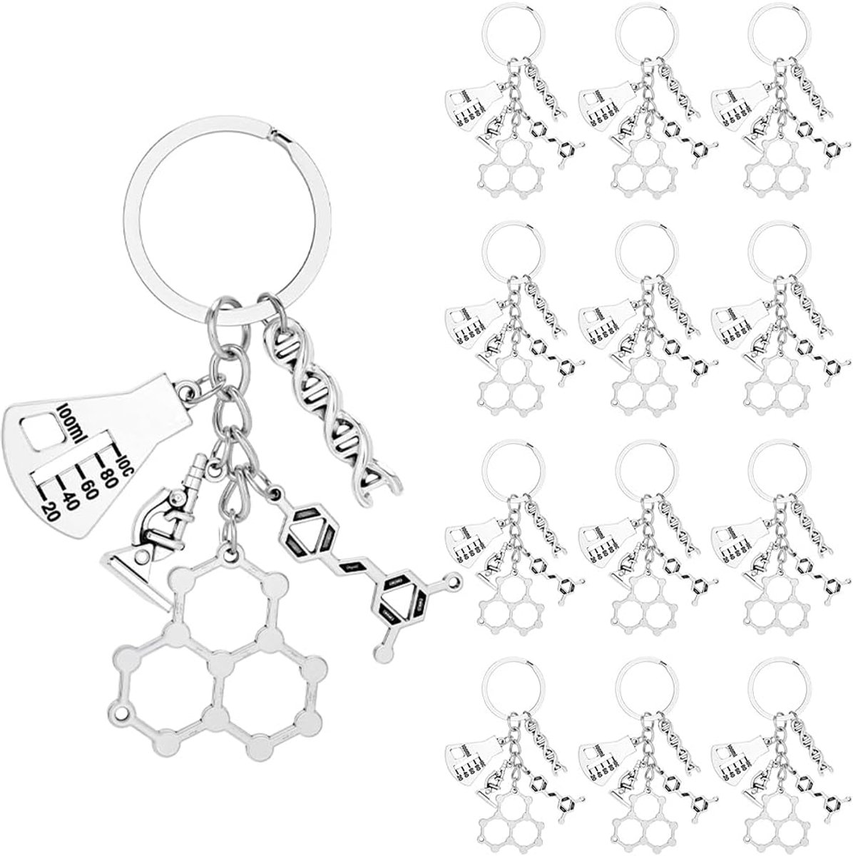 1 Doos 20 stuks Wetenschap Sleutelhanger Bulk DNA Sleutelhanger Pakket Zilver Chemie Atoom Beker Microscoop Wetenschapper Molecuul Laboratorium Leraar Sleutelhanger Set voor Feest Cadeautjes