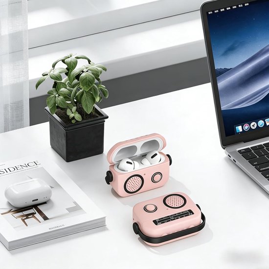Radio Design Hoesje voor AirPods 4 SYJ Roze - Zachte Silicone Vintage Schokabsorptie Beschermer Case met Draaibare Draaggreep Compatibel met AirPods 4 — afbeelding 5