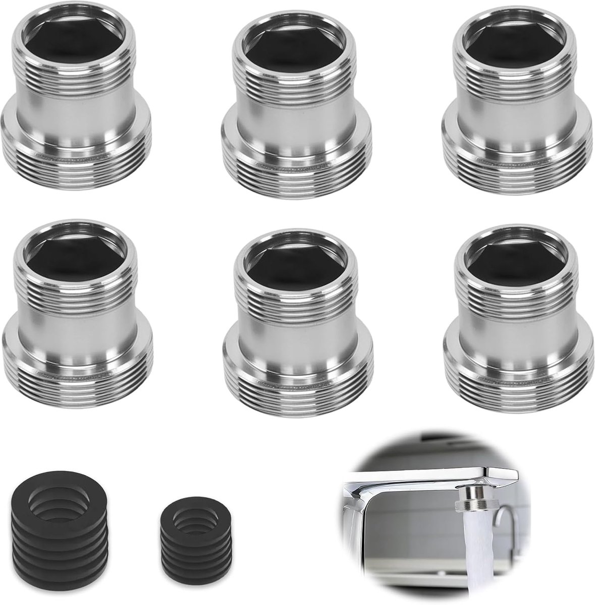 6 stuks kraanadapter m18 naar m22 schroefdraad voor buitendraad aluminium kraan schroefdraad adapter met rubberen afdichtingen kraanadapter voor tuinslang keuken badkamer