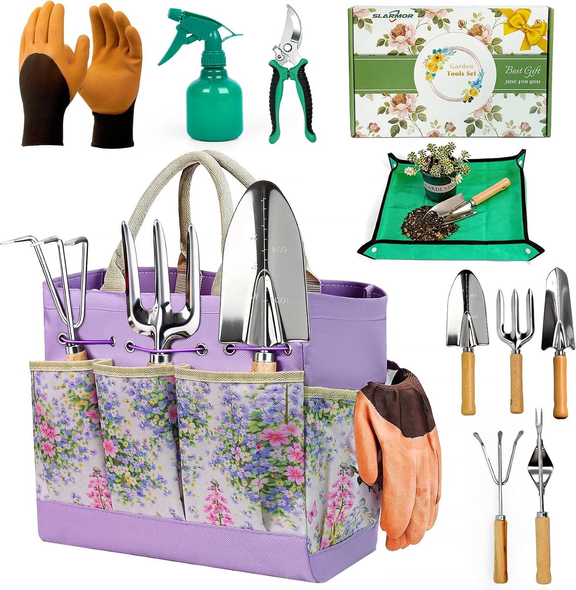 Tuingereedschapsset, 9-delige roestvrij tuingereedschapsset van roestvrij staal met antislip, ergonomische handgrepen en duurzame opbergtas, tuincadeaus voor dames