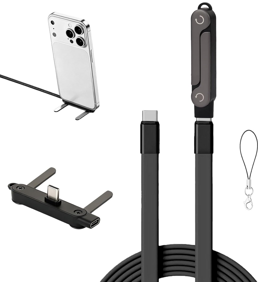 Snellader, 240 W, met geïntegreerde onzichtbare telefoonhouder, platte oplader, USB C, gevlochten, 1,5 m, zwart, voor Samsung, iPhone, smartphones en tablets