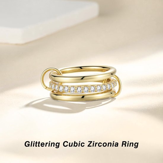 Stackable Gold Rings, 3PCS Non Tarnish 14K Gold Plated Ring, Size 9 | Dainty Cubic Zirconia Ring Trendy Statement Band Wedding Rings, Multi-Link Connected Metal Ring Set,Jewelry Gift for Women — afbeelding 5
